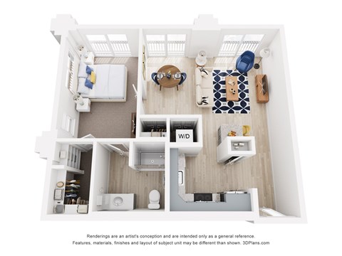 A 3D floor plan of a small one bedroom apartment with a kitchen, living room, and bathroom.